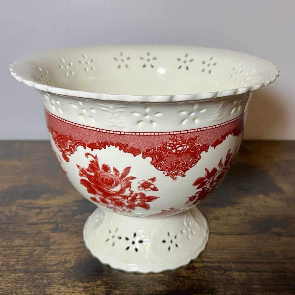 FTD Planter Vessel Pot Red & White Floral Pedestal Bowl Decorative